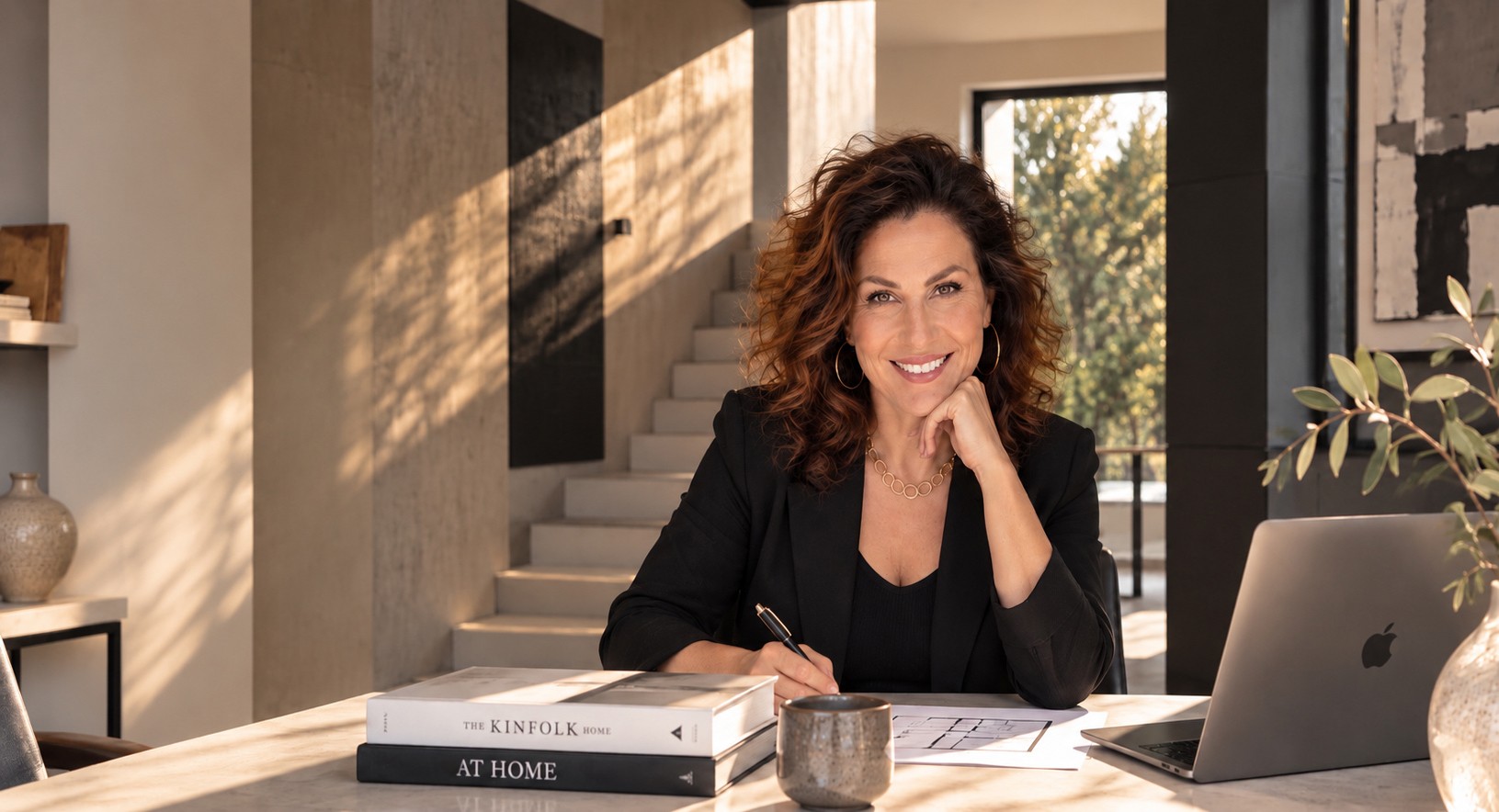 Meryem Reitz, Inhaberin von Immobilien Reitz, bei der Arbeit in einem lichtdurchfluteten Raum